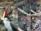 205 Crossing the Miristi Khola on a log - Ang Phuri Sherpa,Gyan Tamang, Dhansing, Dhan Bahadur Tamang, Ram Bahadar Tamang The porters with their heavy loads then came across backwards, also using the ropes. Here is my crew crossing the Miristi Khola on a log: cook Ang Phuri Sherpa, guide Gyan Tamang, porter Dhansing, porter Dhan Bahadur Tamang, and porter Ram Bahadar Tamang. We were all on the other side where they started to make camp at 15:20. The usual milk tea and cookies for snack, followed by soup with papadam, and macaroni with some veggies, followed by Tang. The boys had noodle soup, no Dahl Baat tonight. Bed at 19:50.